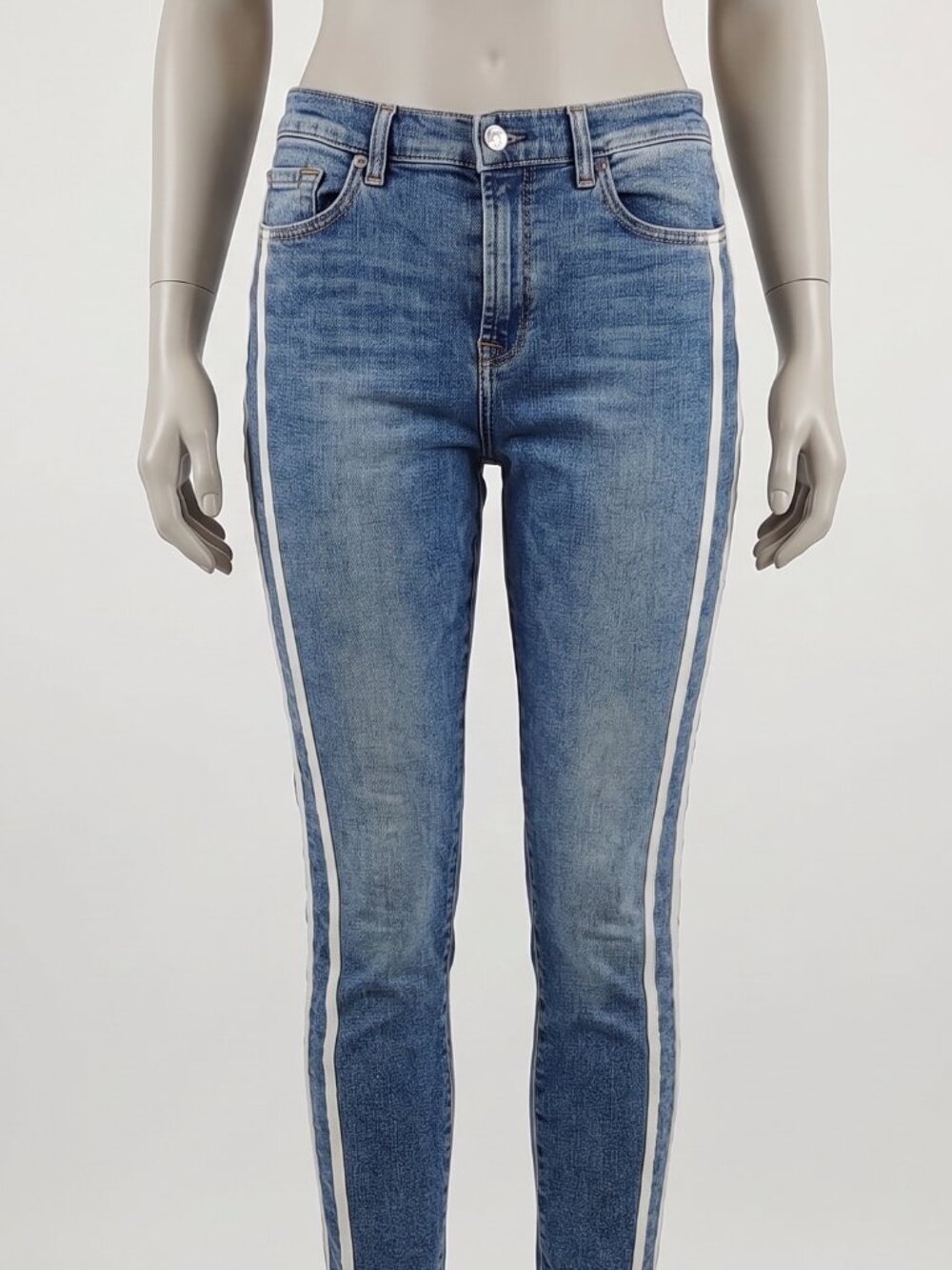 7 For All Mankind The Ankle Skinny Jeans 28 Side Stripe Raw Fray Hem Medium Wash
